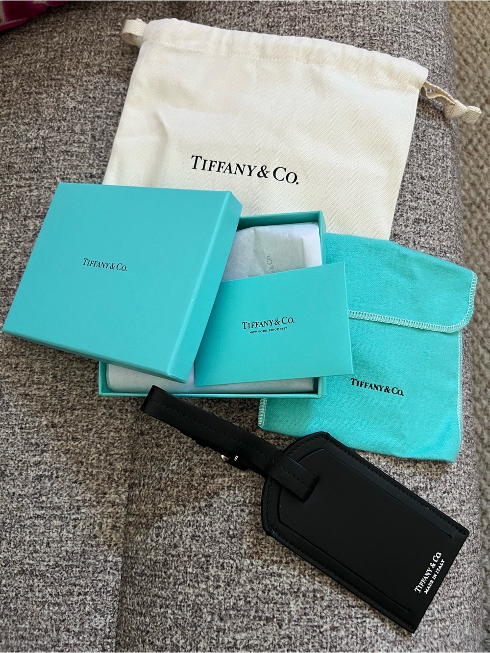 Tiffany & Co. Black Leather Luggage Tag with Signature Blue Box